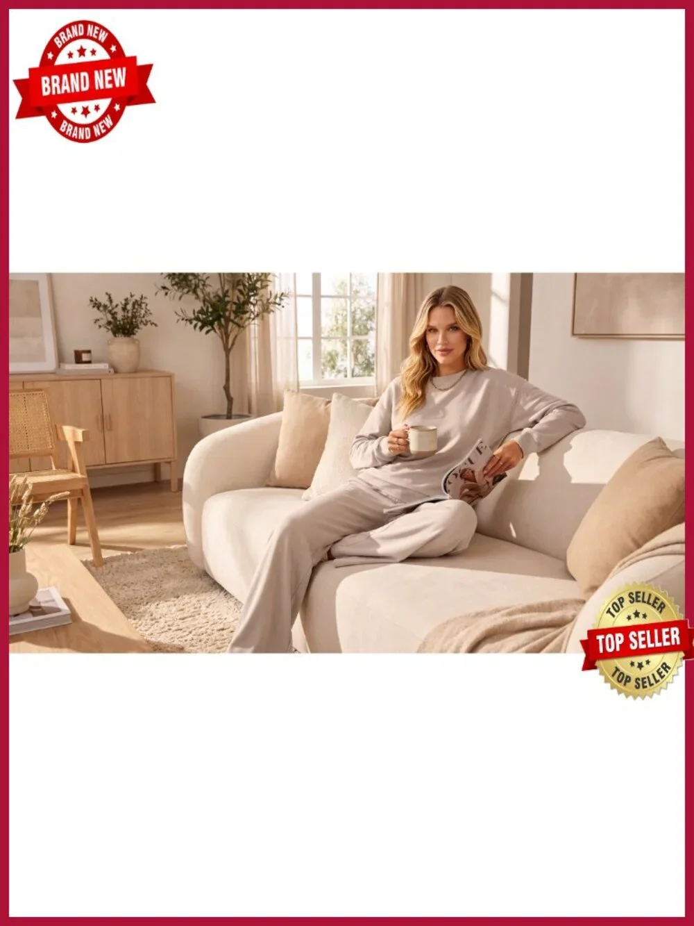 Cozy Fleece Two Piece Lounge Set Long Sleeve Pullover Wide Leg Pants Matching